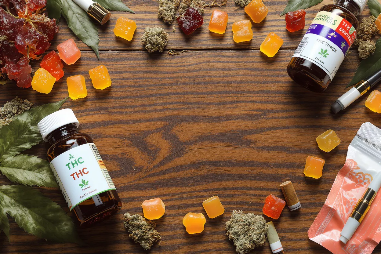 Various cannabis products including gummies, tinctures, and vape pens on a wooden table.
