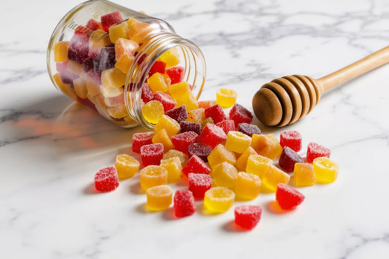 Colorful fruit gummies spilling from a jar with a honey dipper on marble.