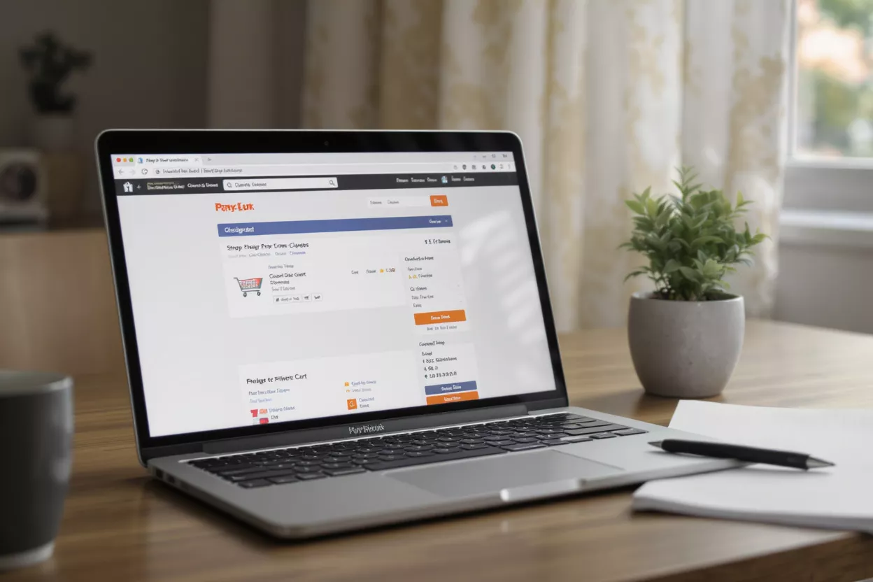Laptop displaying an e-commerce website with a shopping cart and product listings.