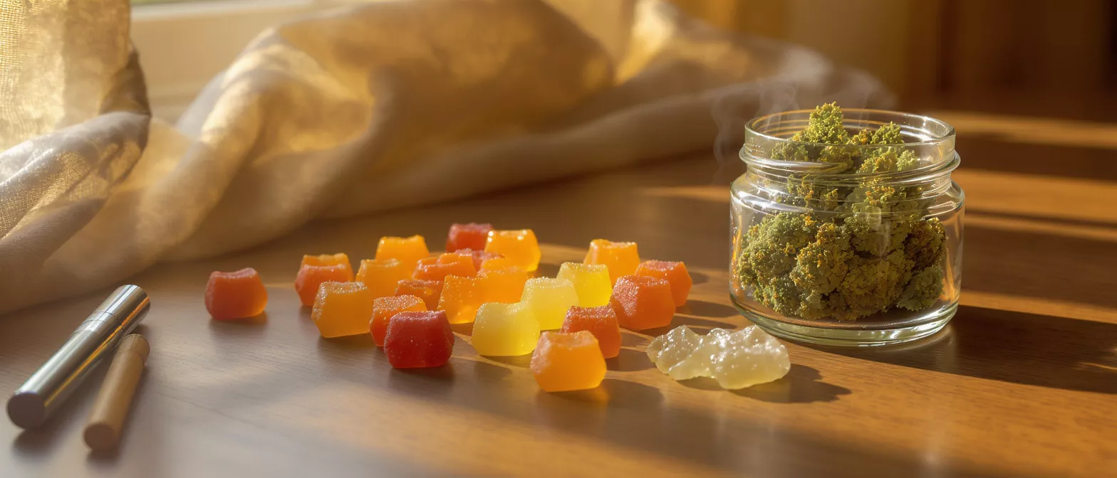 Colorful cannabis gummies, a jar of flower, and a vape pen on a wooden table.