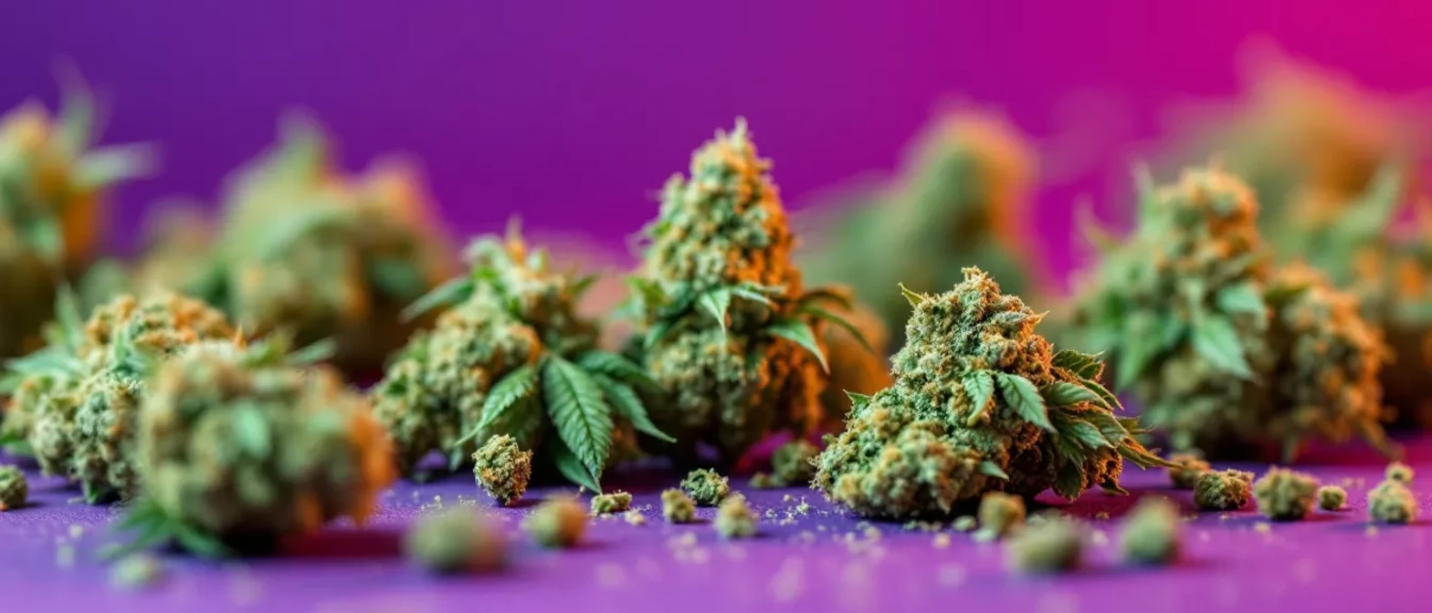 Various cannabis buds on a purple surface