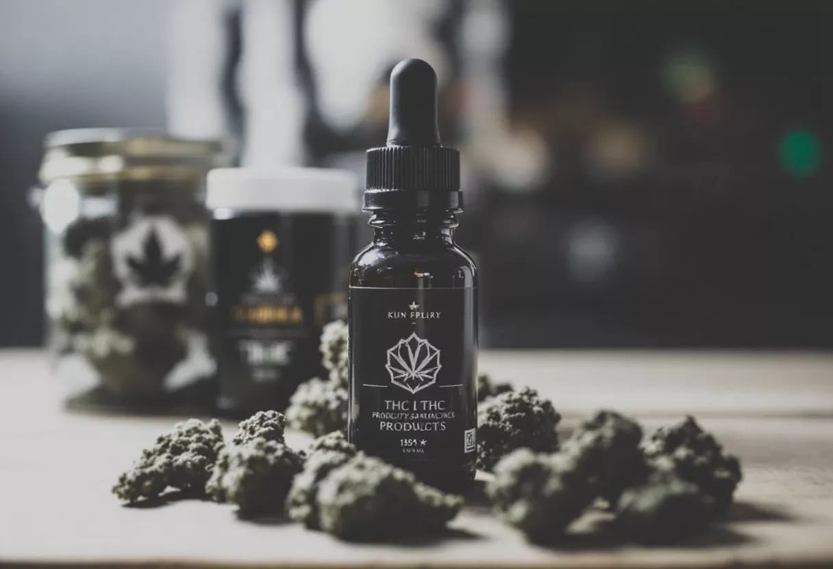 Un frasco de aceite de THC rodeado de cogollos de cannabis