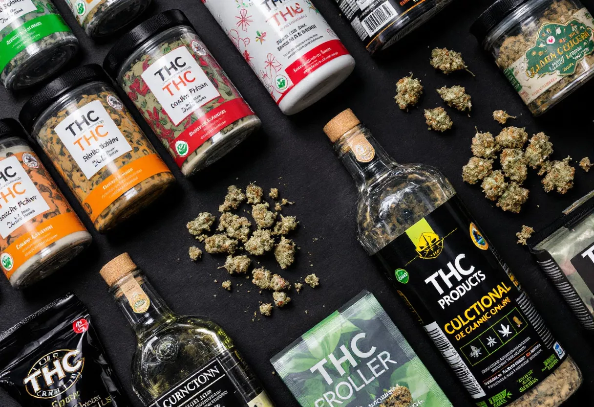 Varios productos THC incluyendo frascos y botellas