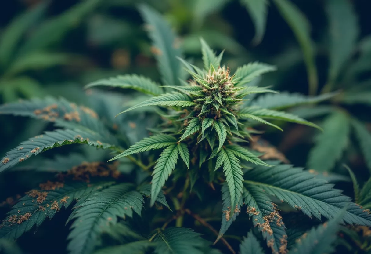 Vista de primer plano de una planta de cannabis con hojas y cogollos
