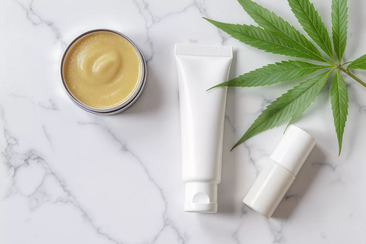 Cannabis Skin Care Products Three cannabis-infused skin care products on marble surface
