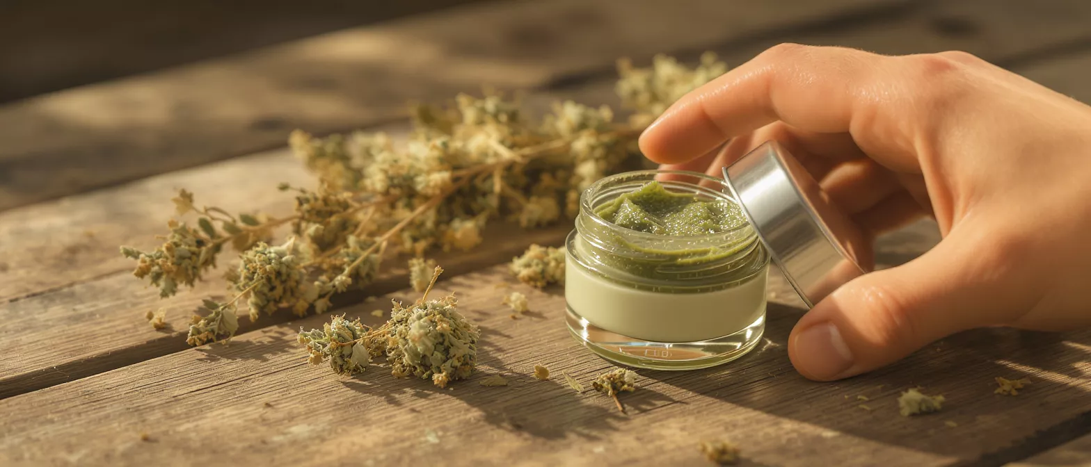 A hand reaching for a green herbal cream jar