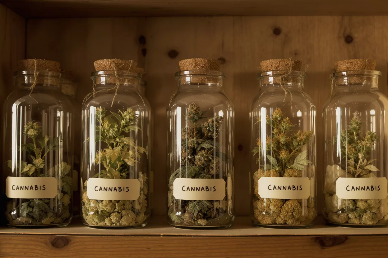 Five glass jars filled with various cannabis plants on a wooden shelf.