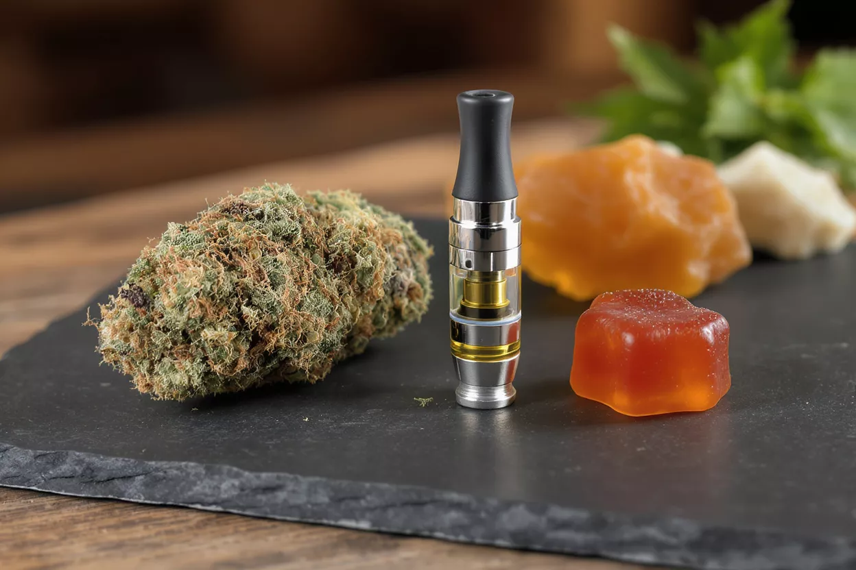 Cannabis flower, vape cartridge, and edibles on a dark slate surface.