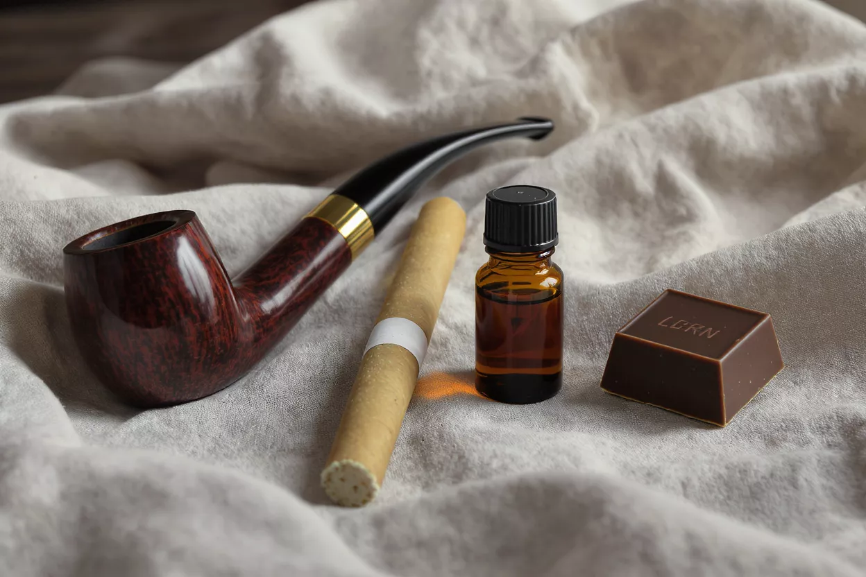 A wooden tobacco pipe, cigar, amber oil bottle, and chocolate on linen.