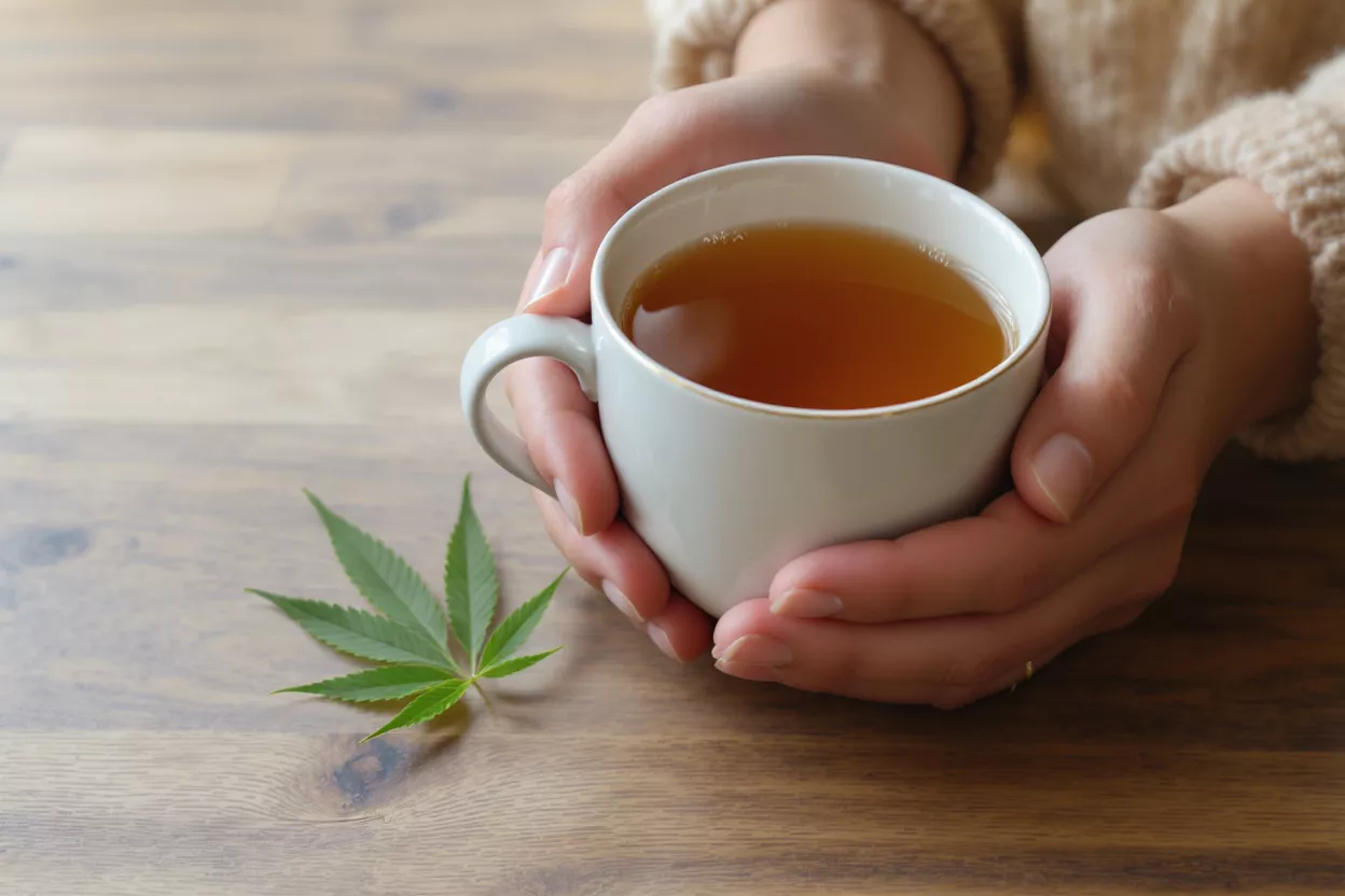 Hands holding a warm cup of cannabis tea next to a fresh cannabis leaf.