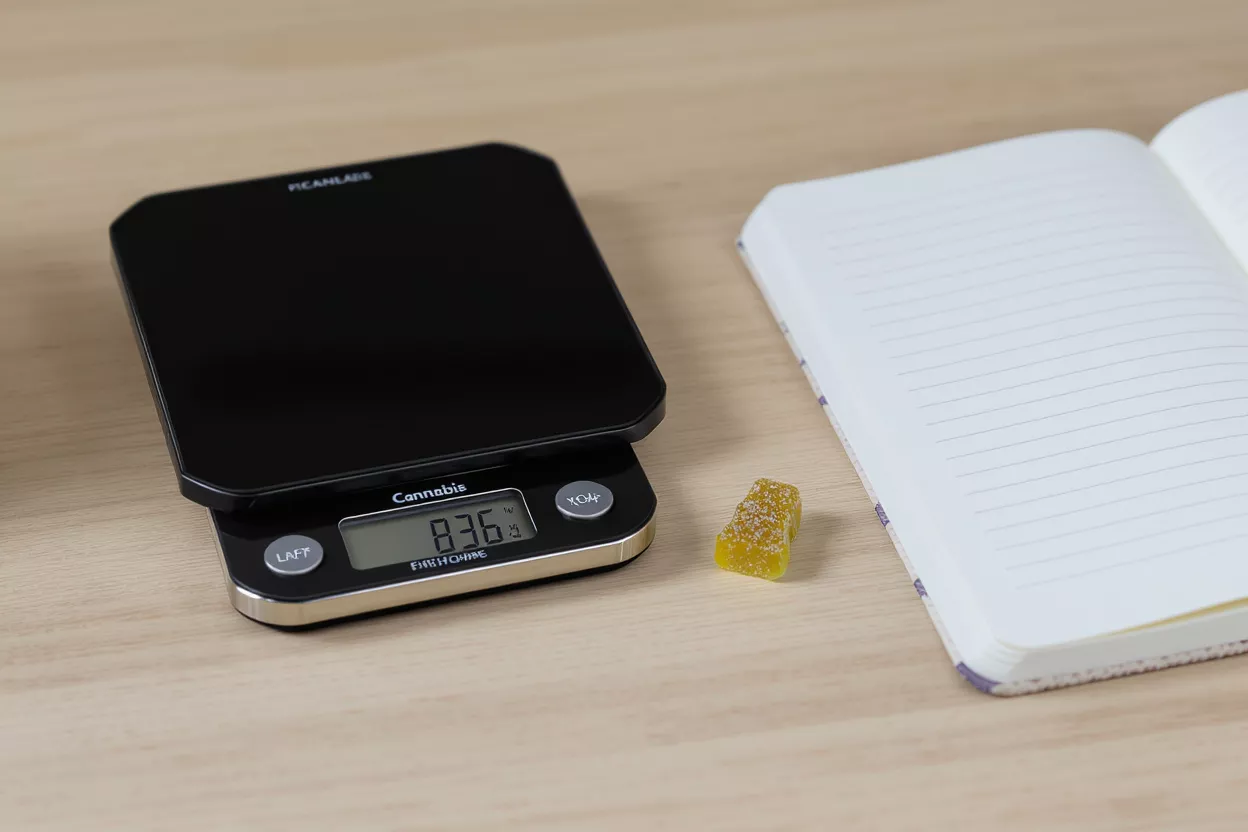 A yellow cannabis gummy on a digital scale next to an open notebook.