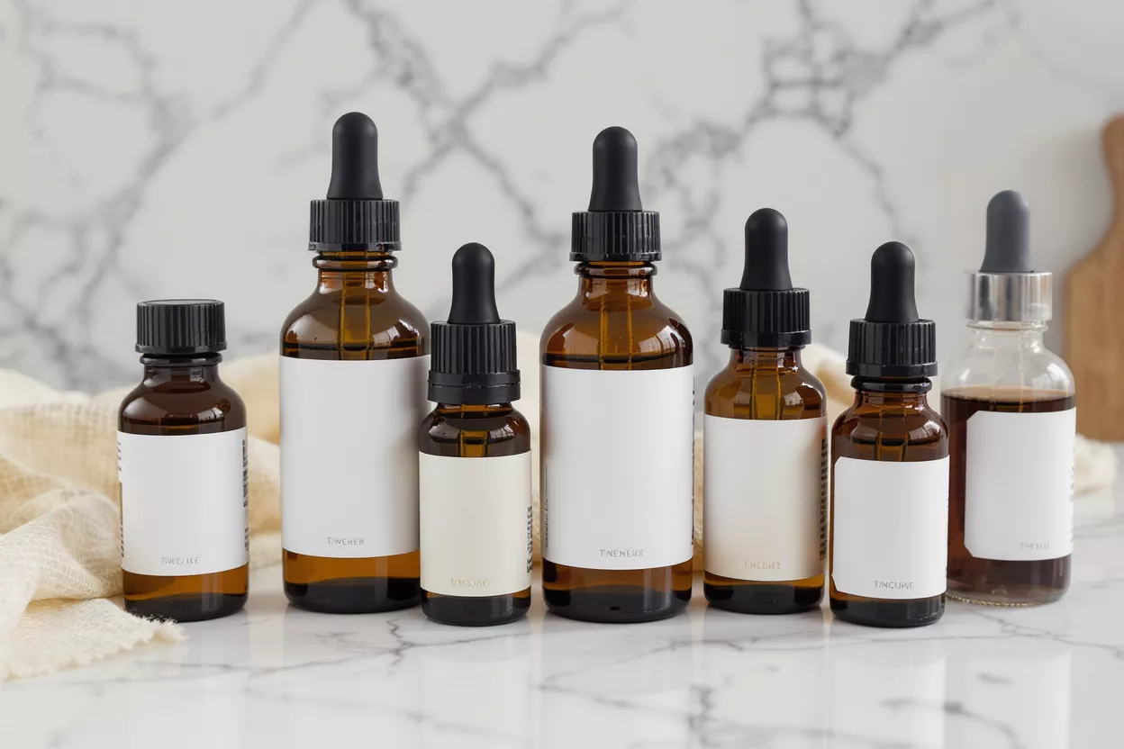 Array of amber glass bottles with droppers