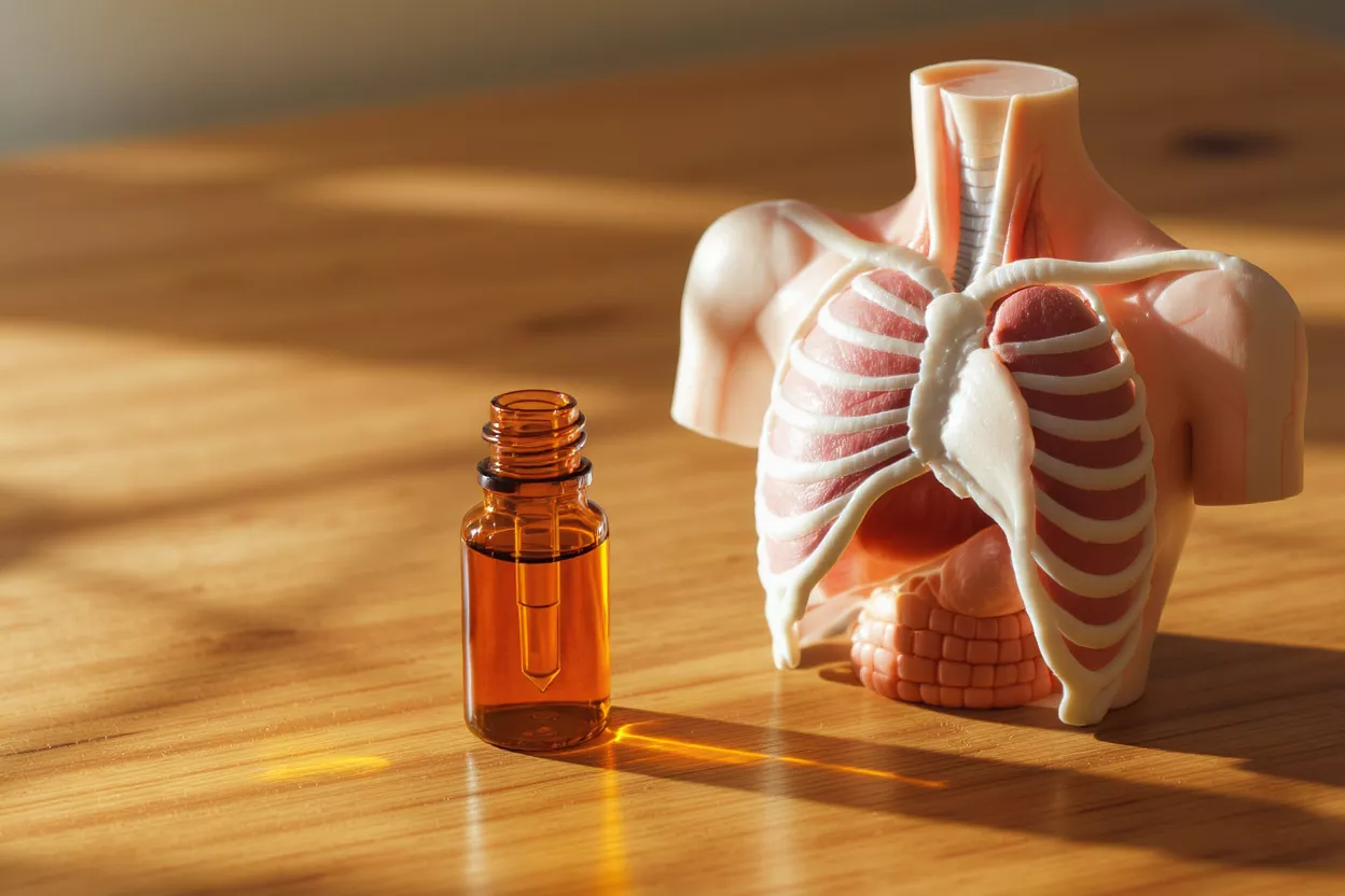 Anatomical model of human torso beside oil bottle