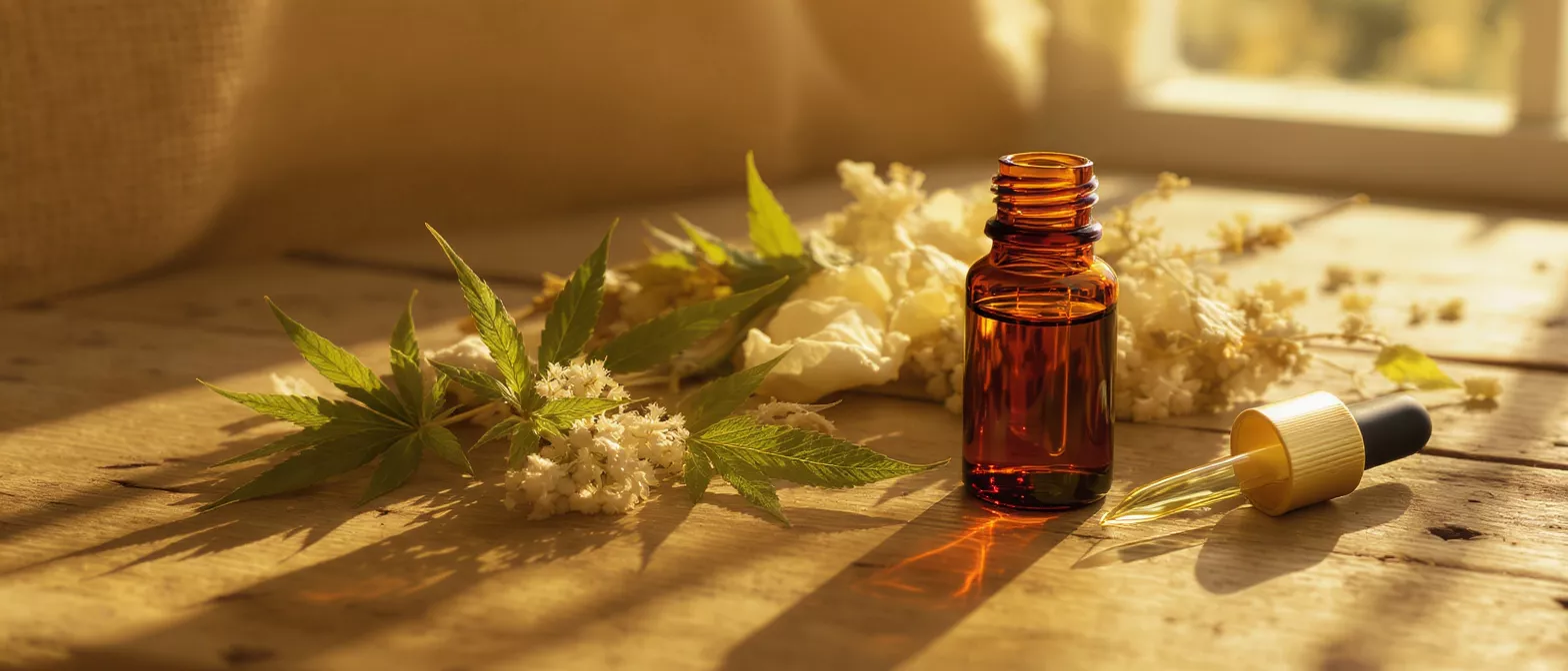 Amber glass bottle with cannabis oil and flowers