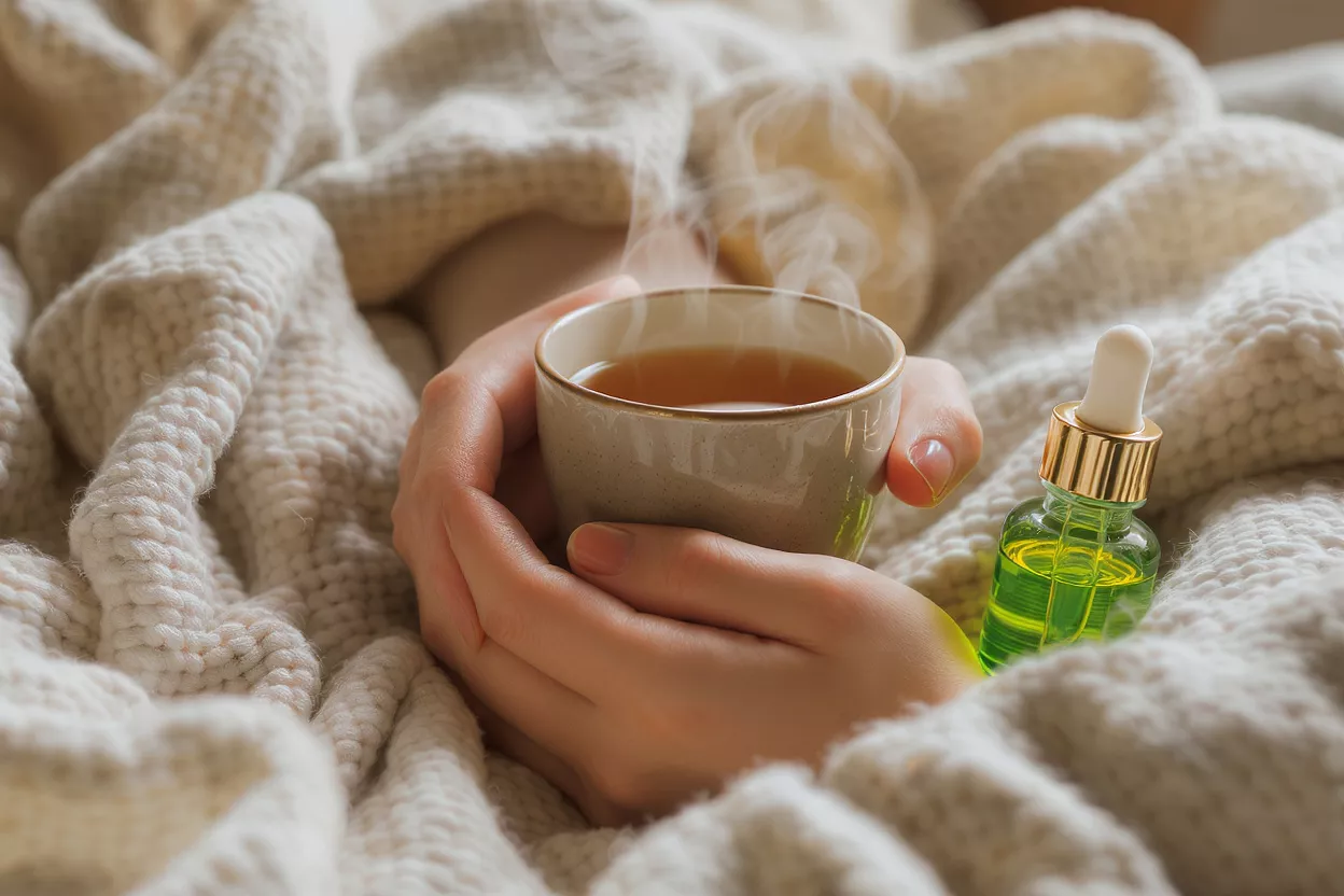 Hands holding a steaming cup of tea with a green oil bottle