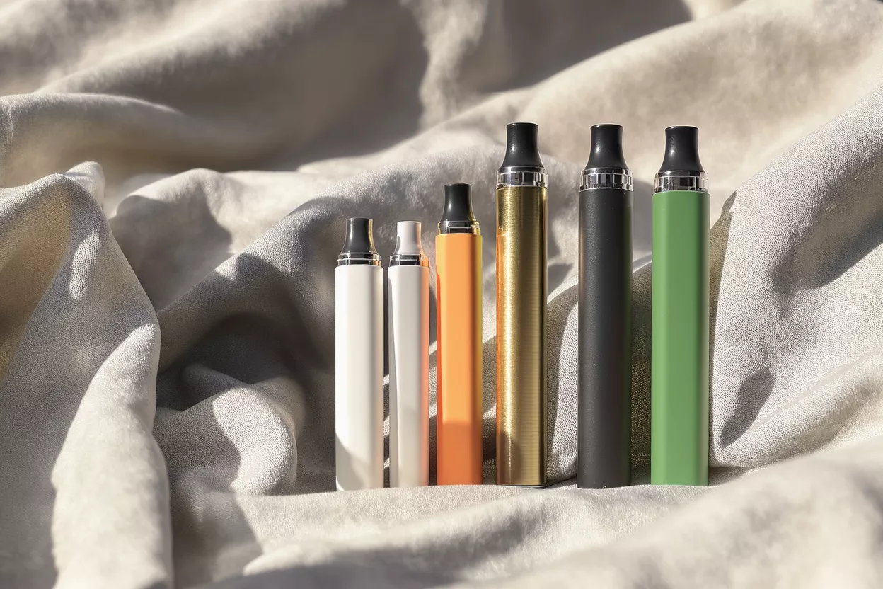 Stylos Vape Colorés Six stylos vape colorés de tailles et couleurs variées sur un drapé de tissu.