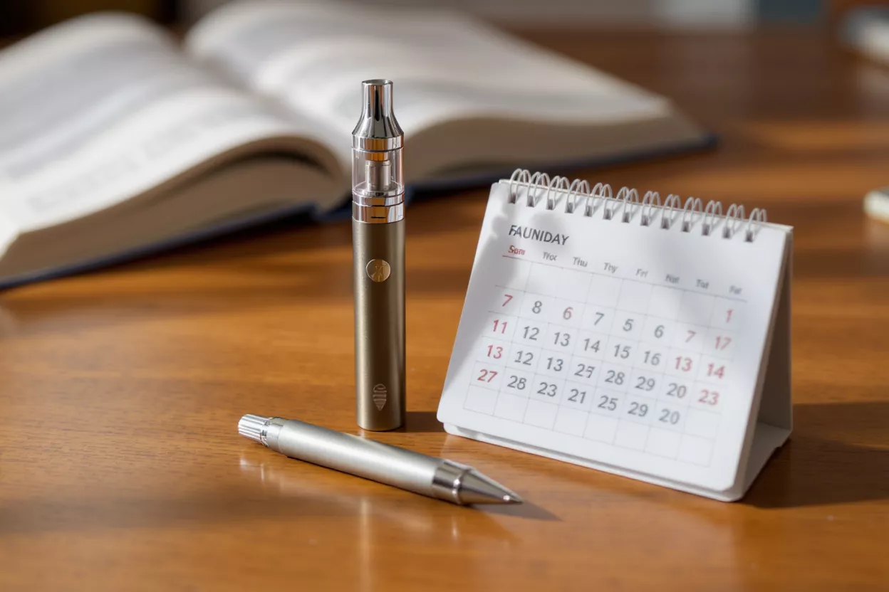 Vapeador y calendario sobre escritorio Un vapeador, un bolígrafo y un calendario sobre un escritorio de madera con un libro abierto.