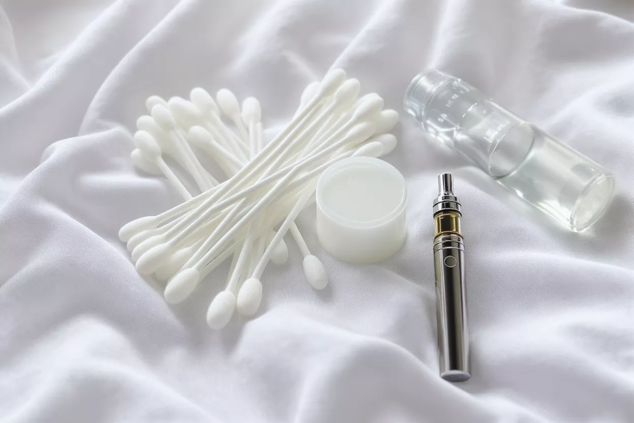Accesorios de limpieza para vape Hisopos de algodón, bolígrafo vape, e-líquido y solución de limpieza sobre tela blanca.