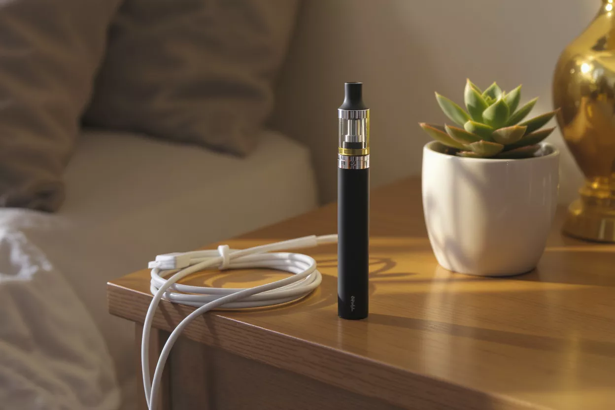 Vaporizador en mesita de noche Vaporizador negro, cable de carga blanco y planta suculenta en una mesita de noche de madera.
