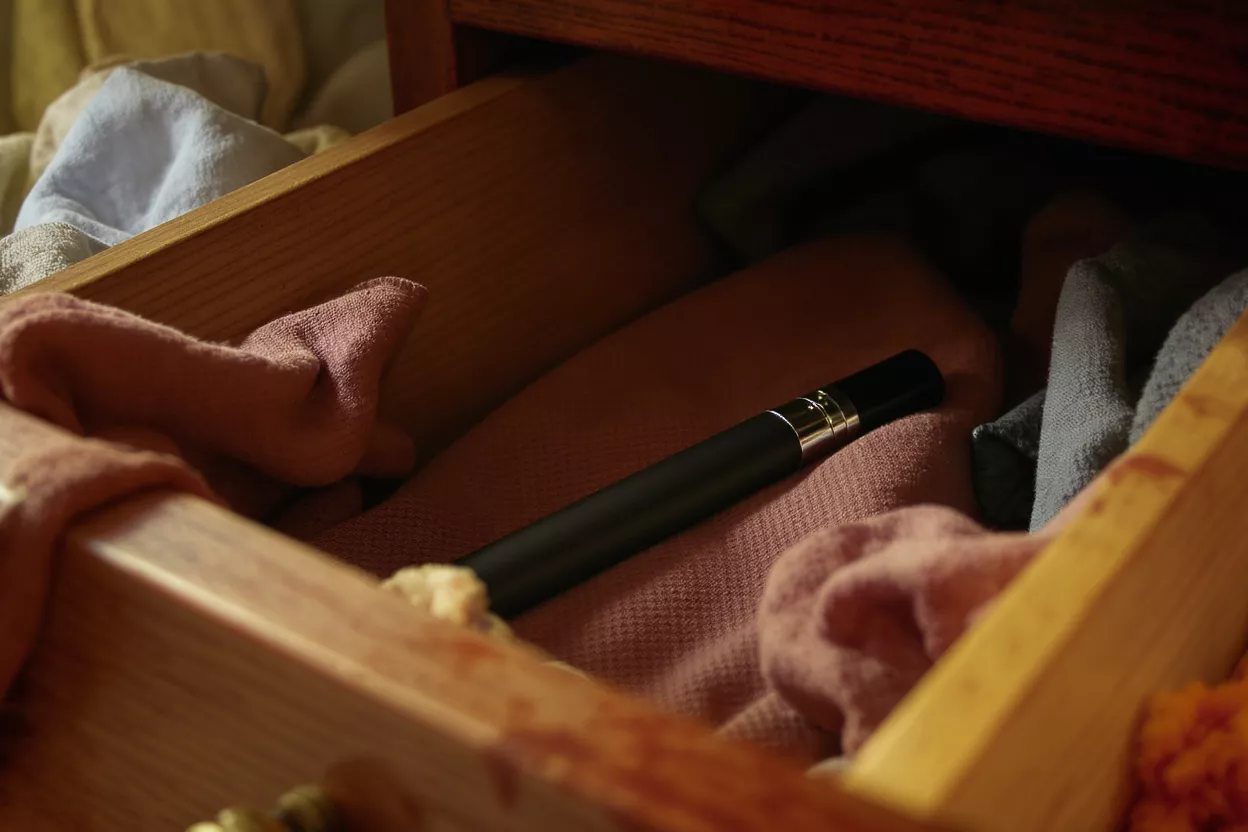 Vaporizador en un cajón Un vaporizador negro descansa entre ropa doblada en un cajón de madera.