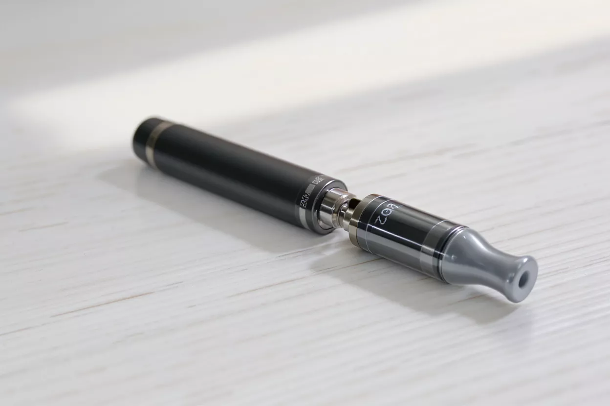 Vaporizador Negro Un vaporizador negro con boquilla plateada sobre una superficie de madera blanca.