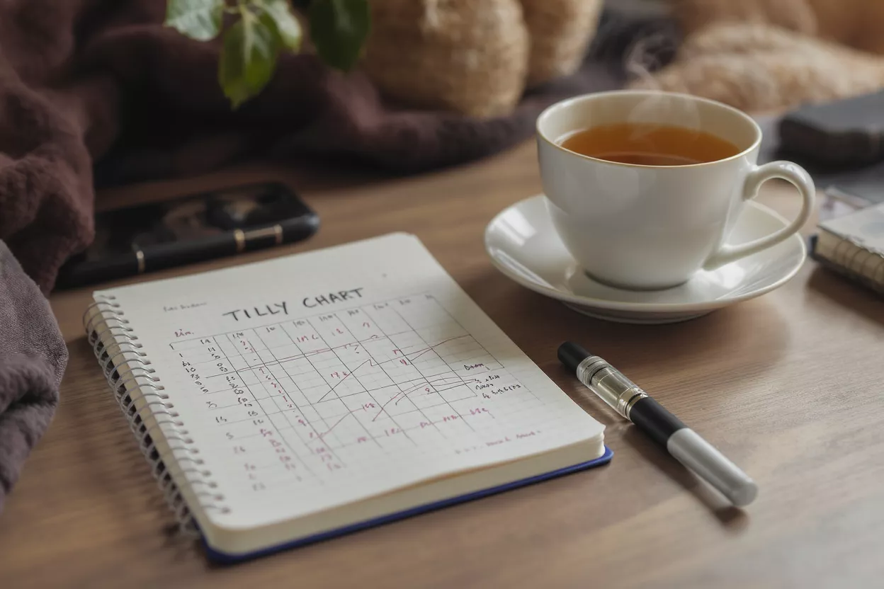 Tilly Chart y té Un cuaderno con un 'Tilly Chart' y una taza de té humeante sobre un escritorio de madera.
