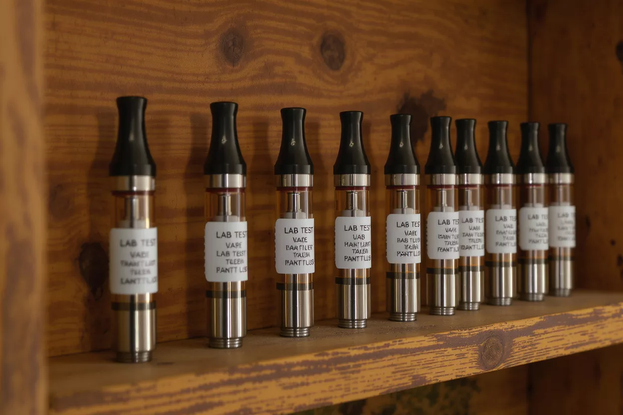 Cartuchos de Vapeo Probados en Laboratorio Varios cartuchos de vapeo con etiquetas "PRUEBA DE LABORATORIO" en un estante de madera.