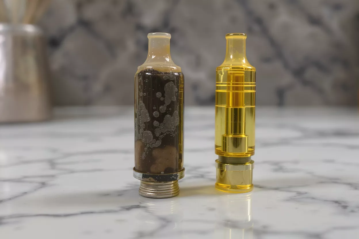 Cartuchos de vapeo sucios vs limpios Comparación lado a lado de un cartucho de vapeo sucio y usado y uno limpio y nuevo.
