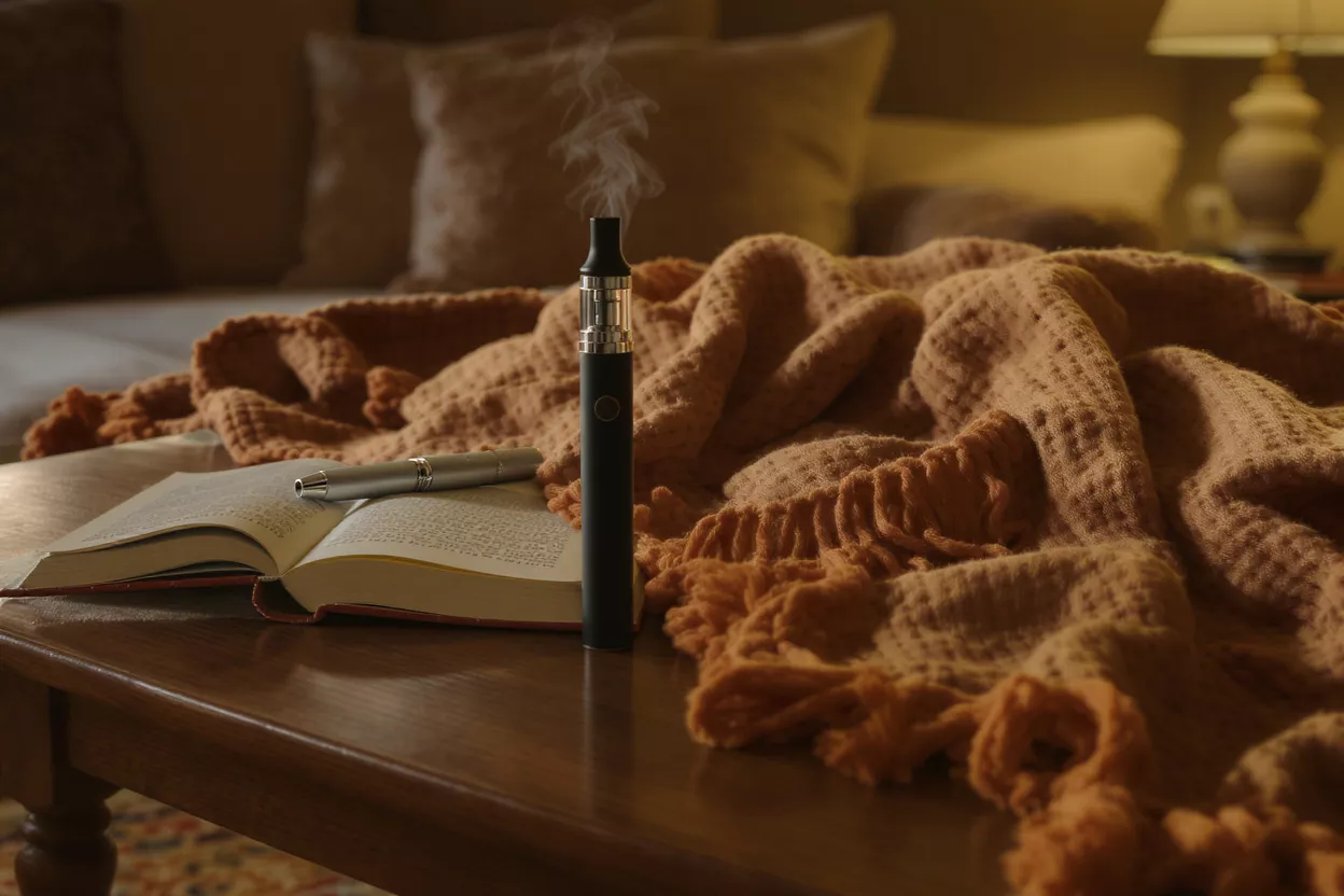 Escena acogedora de vapeo y lectura Bolígrafo de vapeo emitiendo humo junto a un libro abierto y una manta acogedora sobre una mesa de madera.