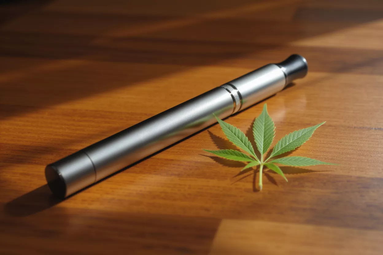 Silver vape pen and green cannabis leaf on a wooden surface.