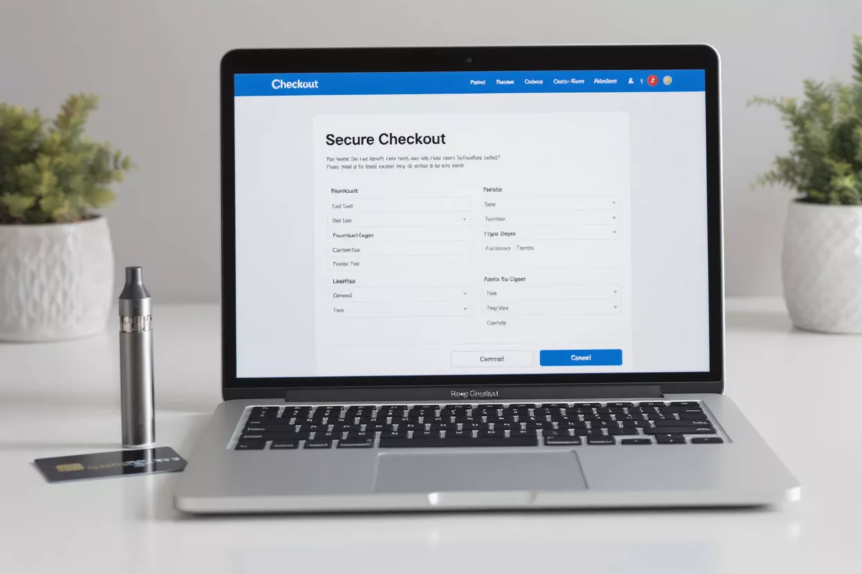 Laptop displaying a secure checkout page, next to a vape and credit card.