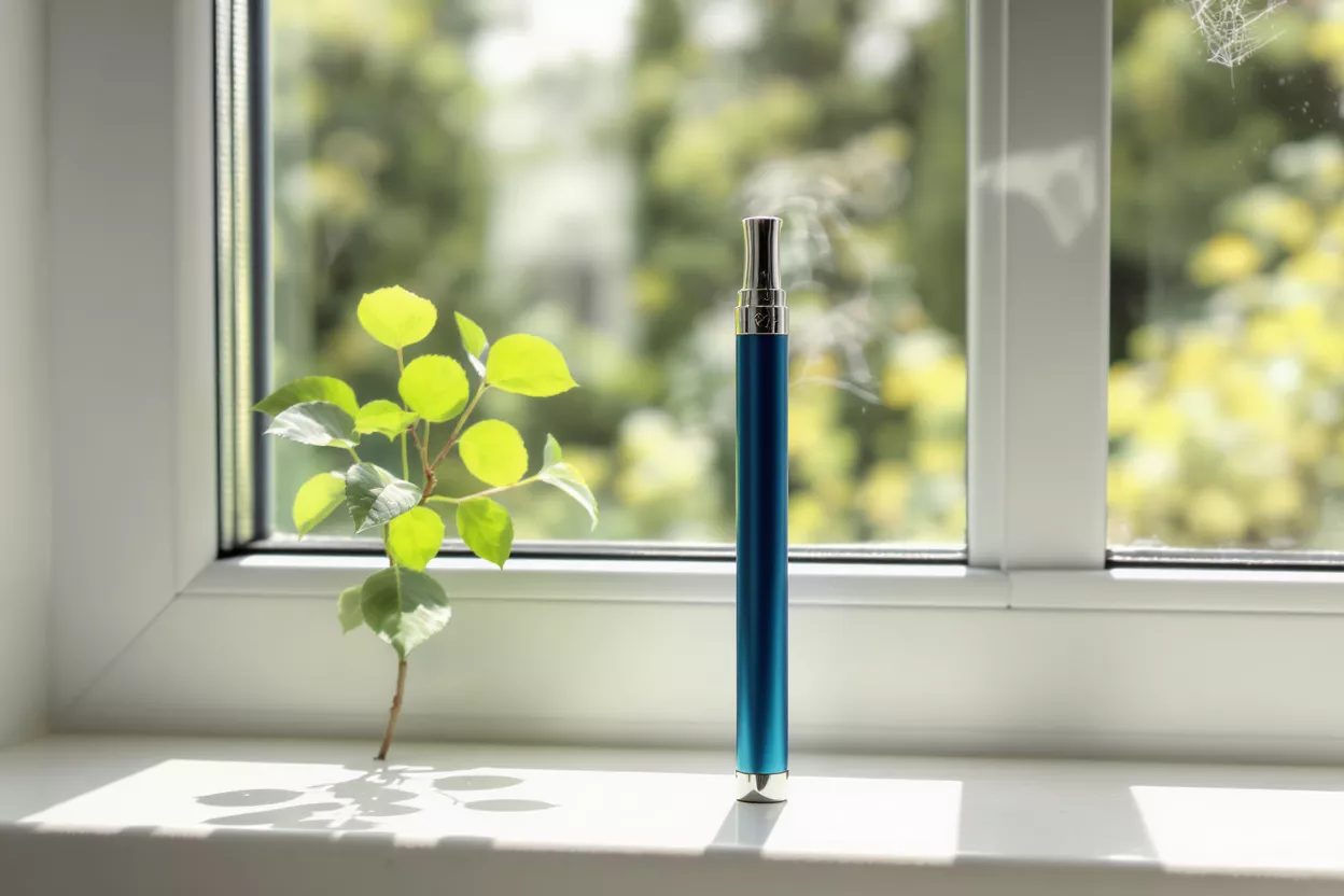 A blue vape pen and small green plant on a sunlit window sill.