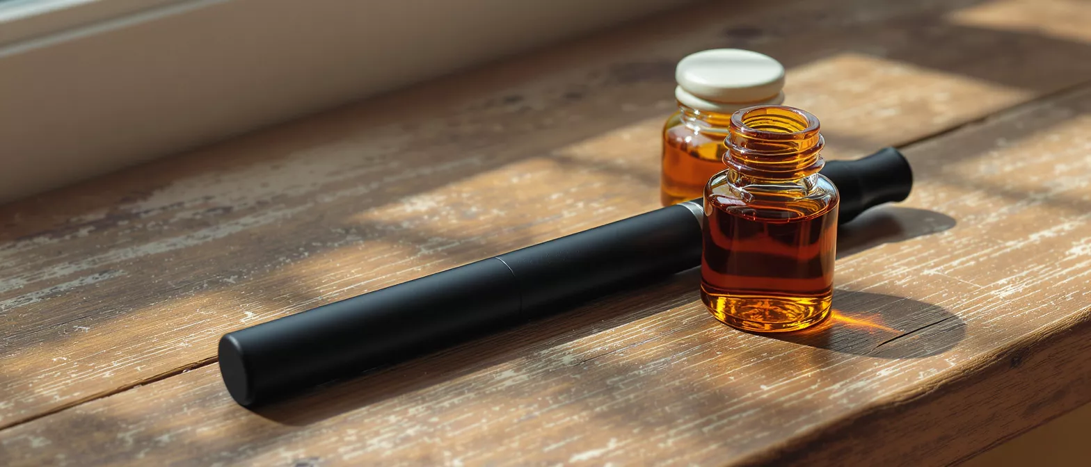 Black vape pen with two amber bottles of e-liquid on a wooden surface.