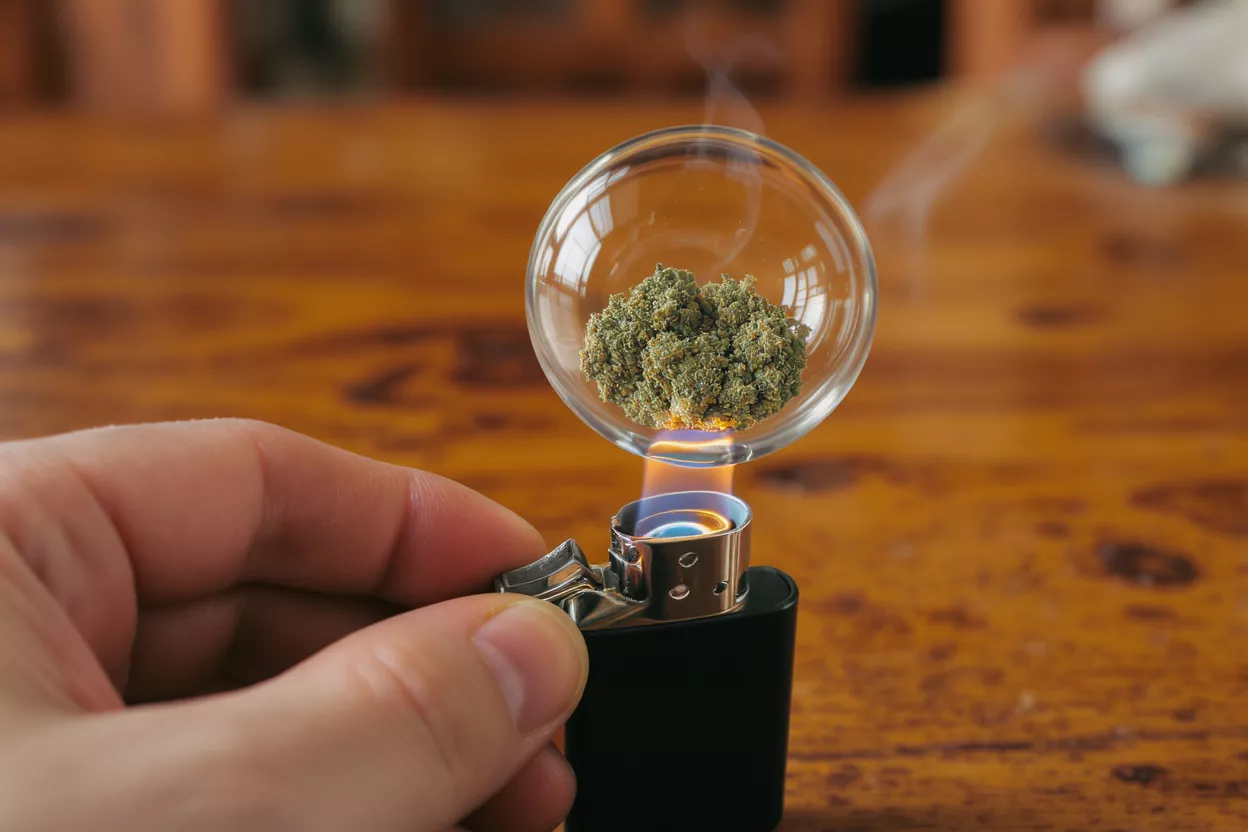 Allumage de cannabis dans une pipe en verre Gros plan d'une main allumant du cannabis dans une pipe en verre avec un briquet noir.