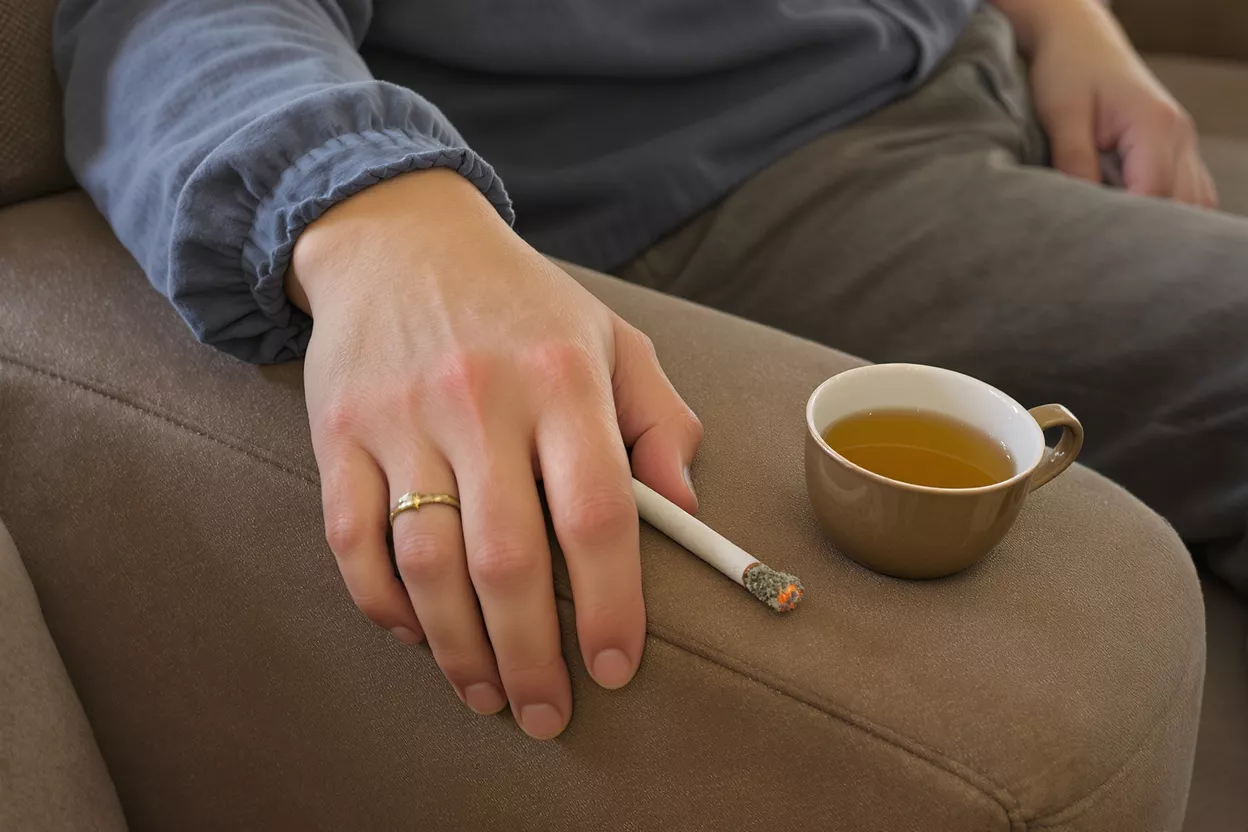 Se détendre avec une cigarette et du thé Gros plan de la main d'une personne tenant une cigarette allumée à côté d'une tasse de thé.