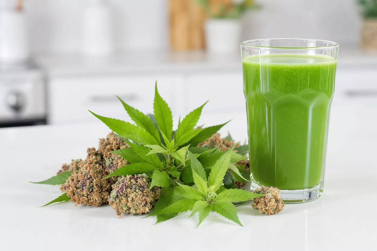 Jus de Cannabis avec Bourgeons et Feuilles Un verre de jus de cannabis vert avec des feuilles fraîches et des bourgeons séchés sur une surface blanche.