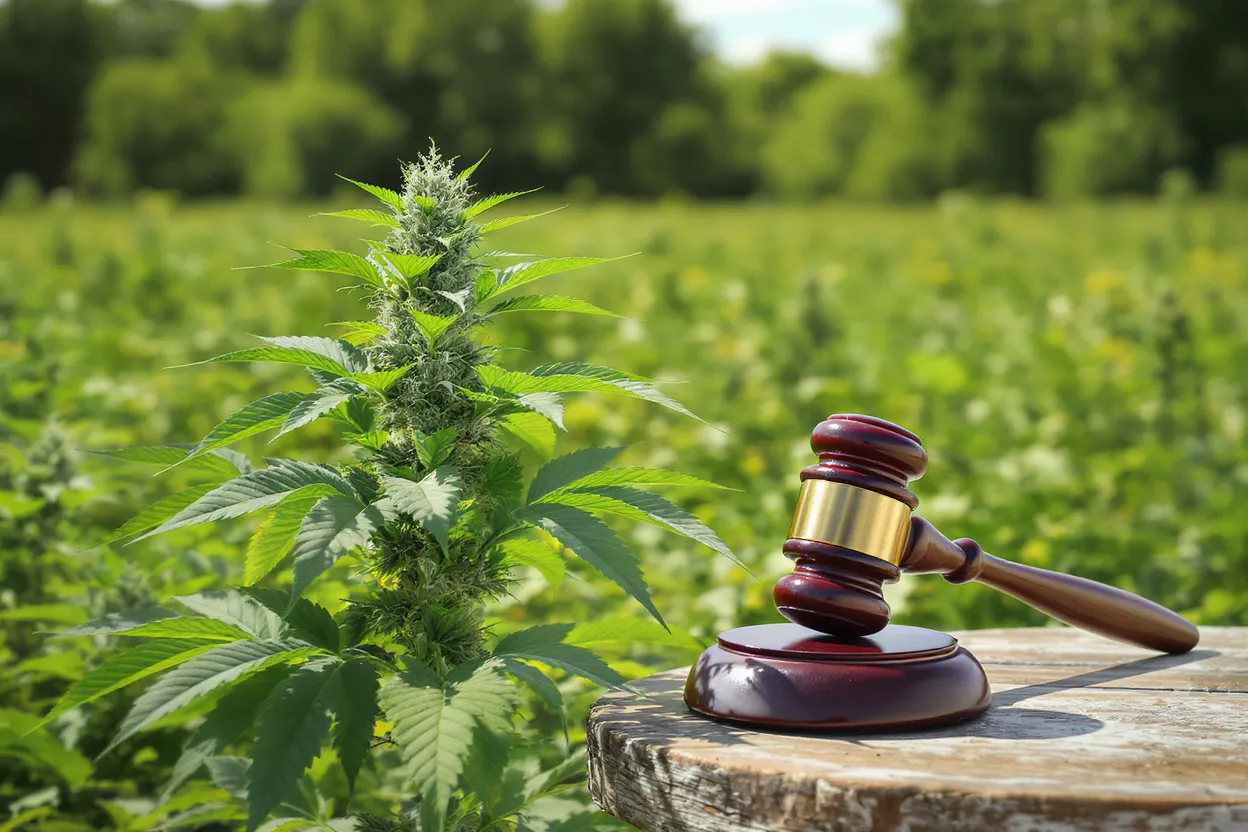 Légalisation du cannabis et justice Une plante de cannabis à côté d'un marteau de juge sur une surface en bois dans un champ.