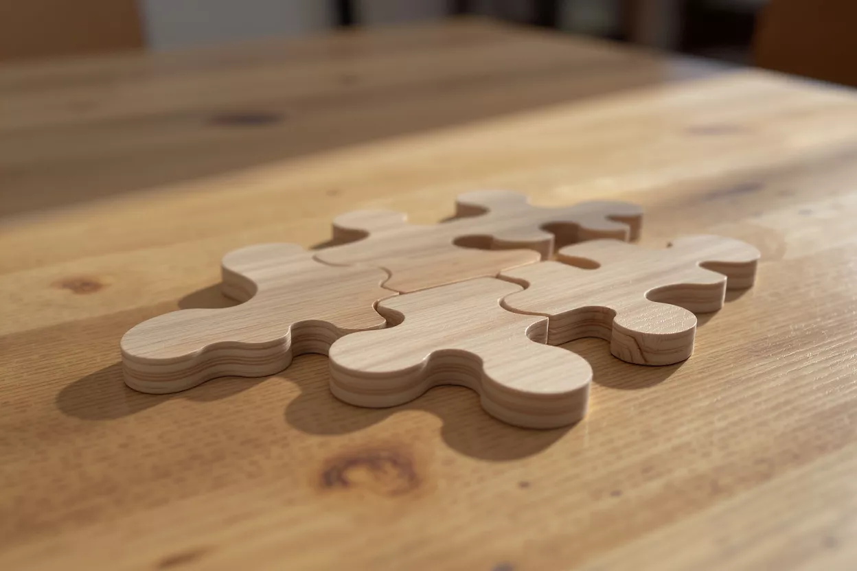 Four wooden puzzle pieces on a table