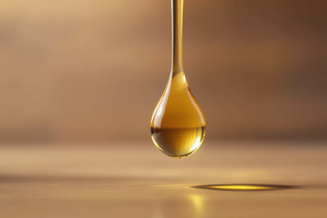 Goutte d'Or Liquide Une seule goutte d'or liquide suspendue, sur le point de tomber sur une surface réfléchissante.