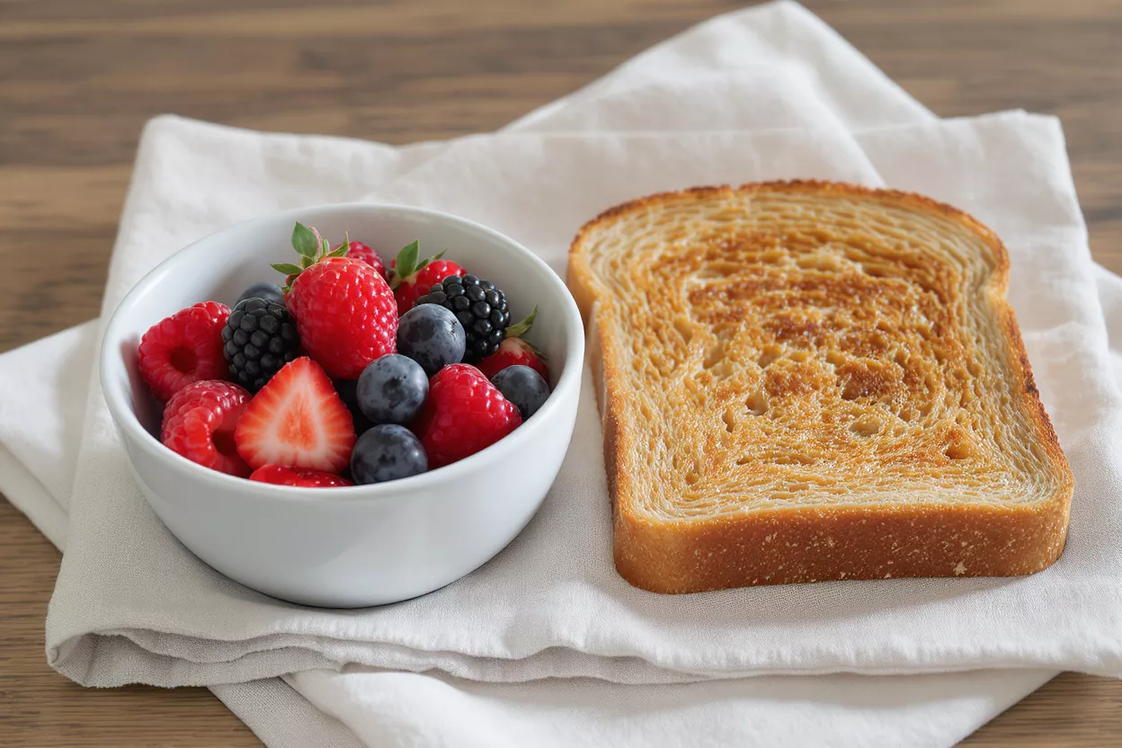 Baies fraîches et toast Un bol de baies fraîches mélangées à côté d'une tranche de pain doré grillé.
