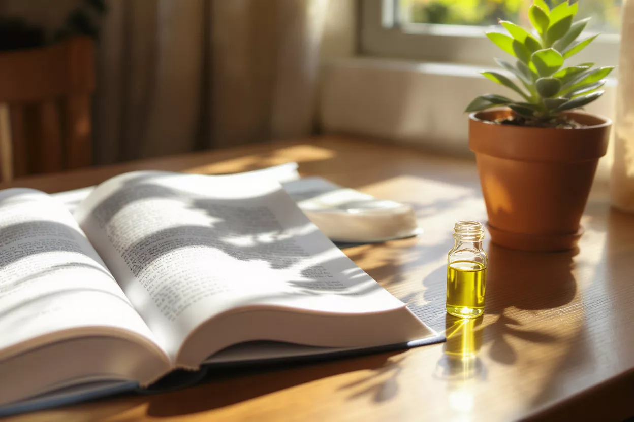 Huile essentielle, livre et plante au soleil Un livre ouvert, une bouteille d'huile essentielle et une plante en pot baignés de lumière sur une table en bois.