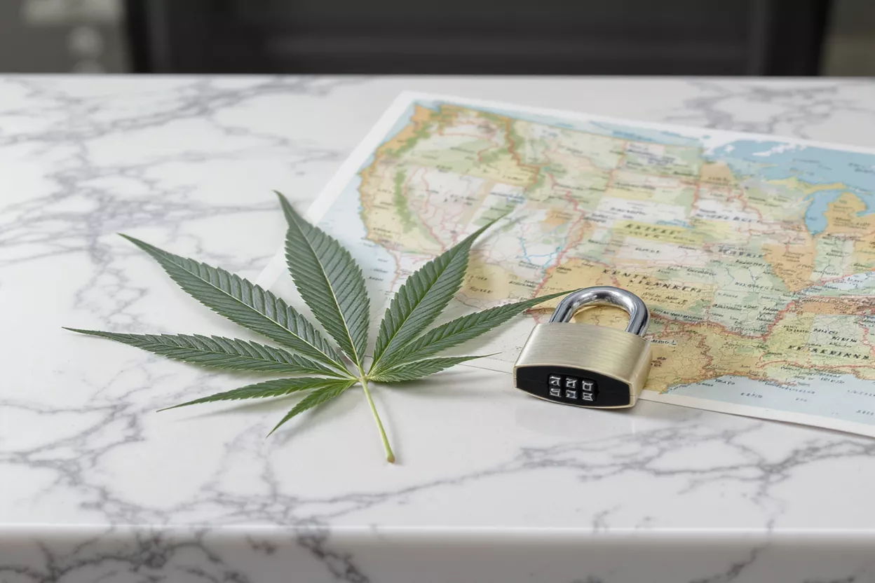 Carte de légalisation du cannabis et cadenas Feuille de cannabis, cadenas et carte des États-Unis sur une surface en marbre, symbolisant les complexités juridiques.