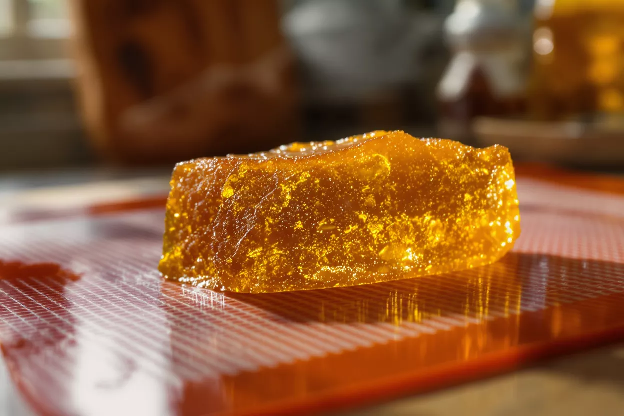 A glistening golden jelly candy on an orange silicone mat under bright light.