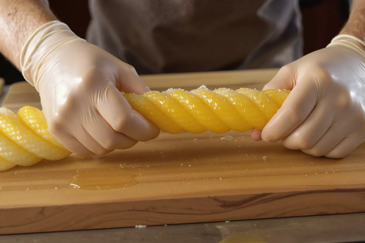 Gloved hands cutting a pineapple into a spiral shape on a wooden board.