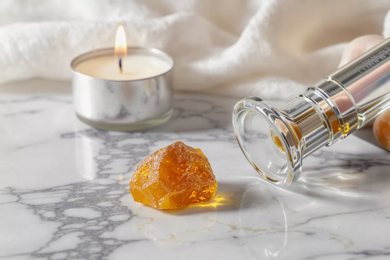 Amber resin, lit candle, and skincare dispenser on a marble surface.