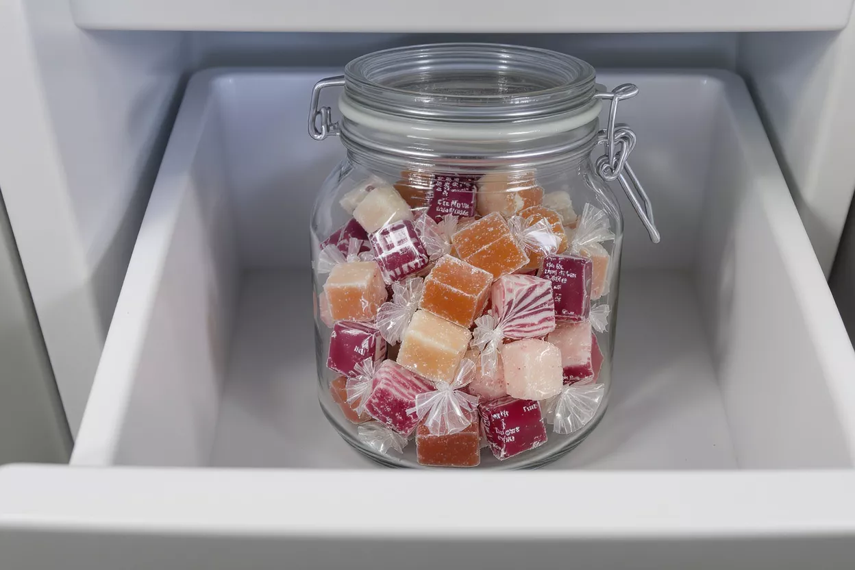 A clear glass jar filled with colorful, individually wrapped square candies.