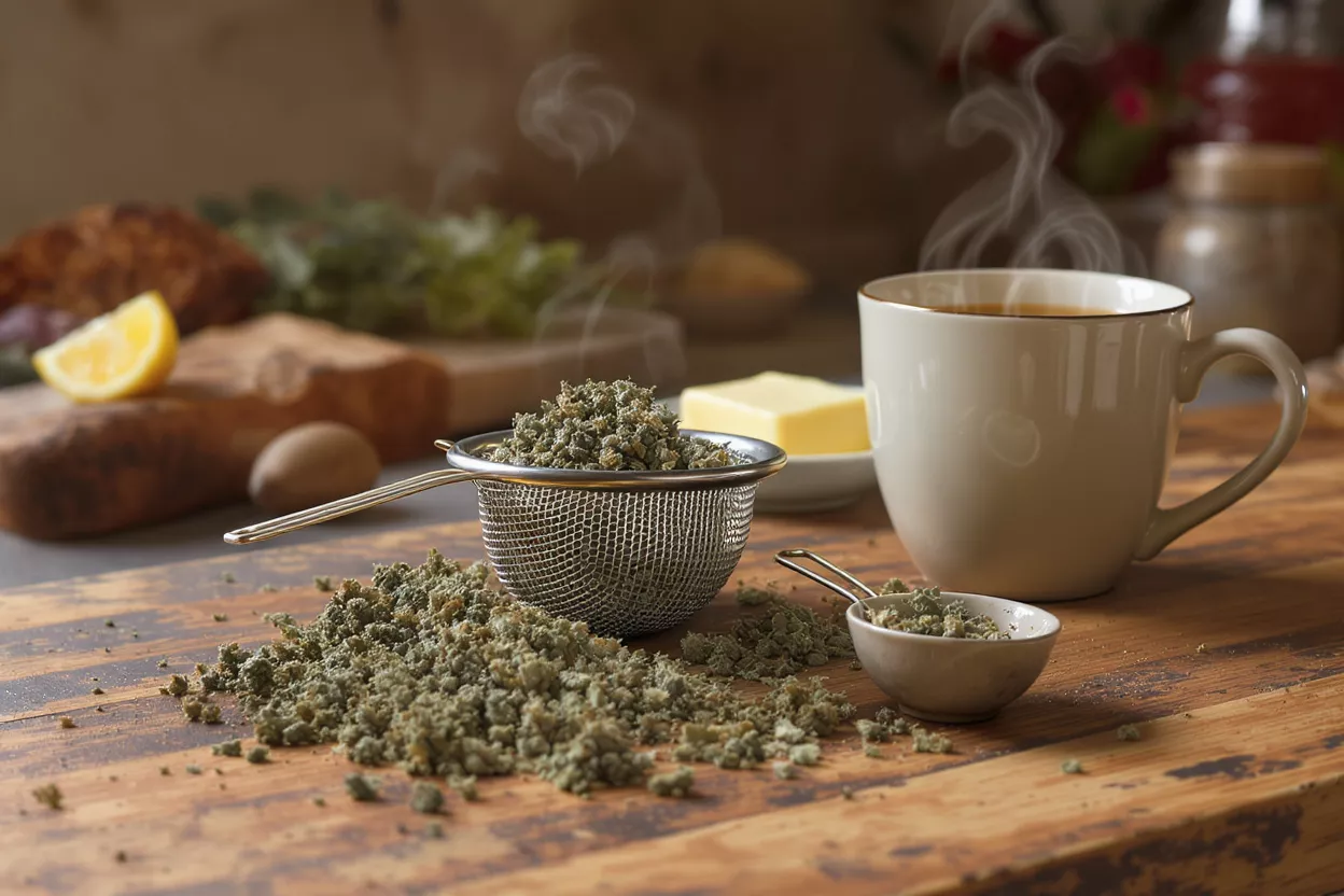 Herbal Tea Preparation Steaming cup of herbal tea with loose herbs, lemon, and butter on a wooden board.