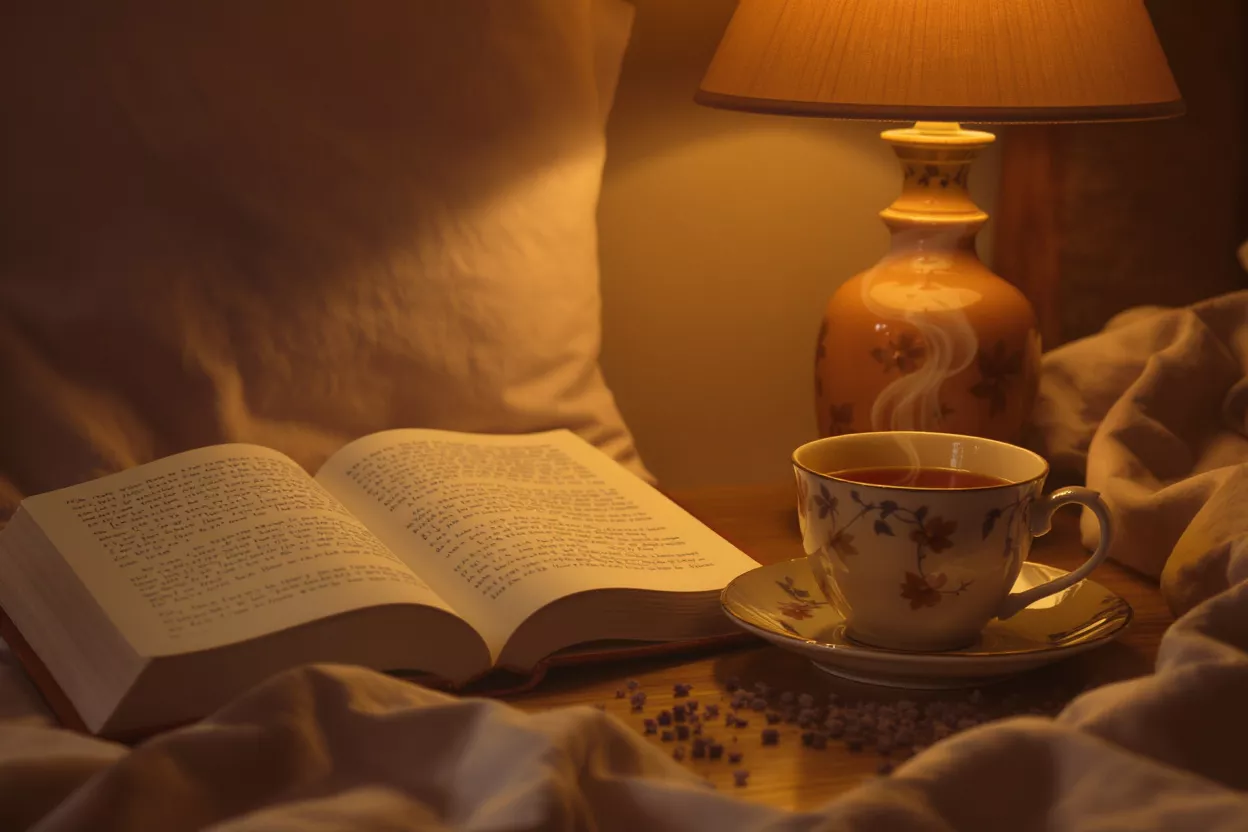 Cozy Evening Reading with Tea Open book, steaming teacup, and lamp on a nightstand for a cozy evening.