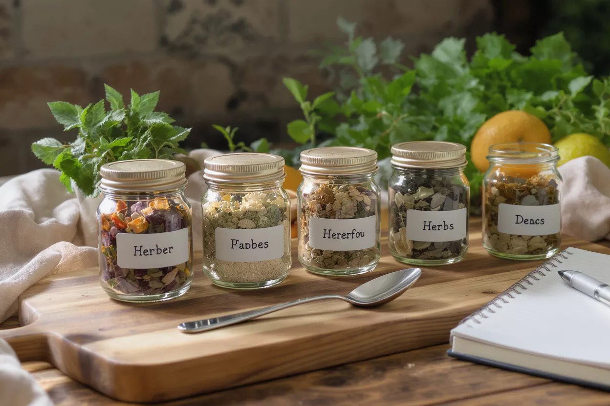 Assorted Herbs and Spices Jars Five glass jars filled with various dried herbs and spices on a wooden board.
