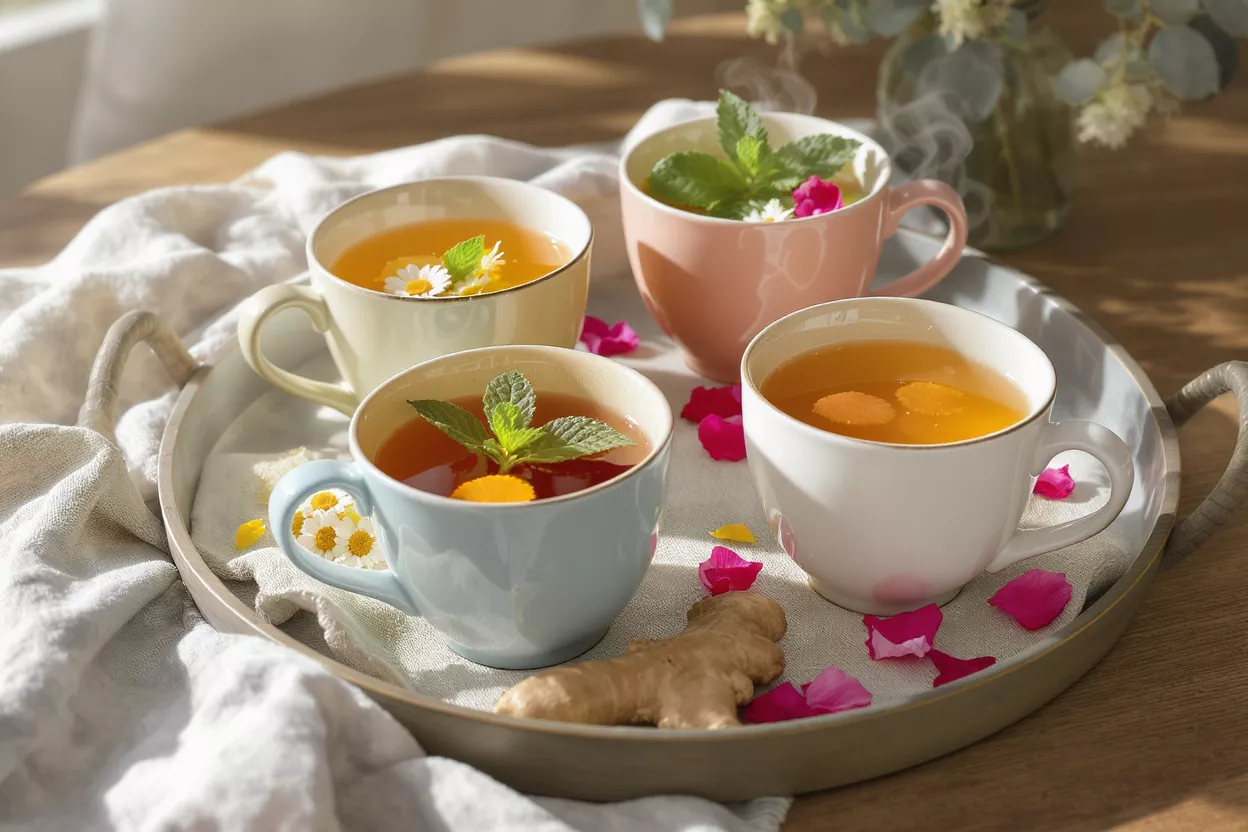 Assorted Herbal Teas on Tray Four colorful cups of steaming herbal tea with mint, ginger, and rose petals.